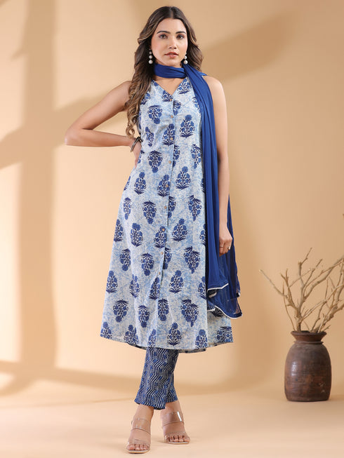 Indigo Pure Cotton Floral Printed A-line Kurta Set